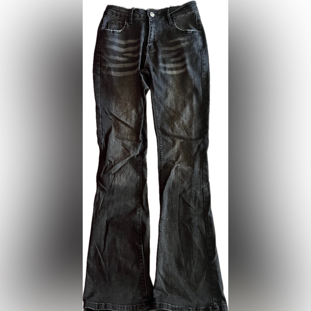 SHEIN Black Distressed Denim Slight Flare Jeans Size Small